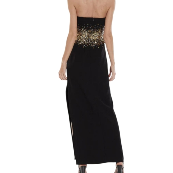 Women's Halston Sofi Gown Columm Crape Strapless Black Dress Gold Sequins 12 - Picture 3 of 15